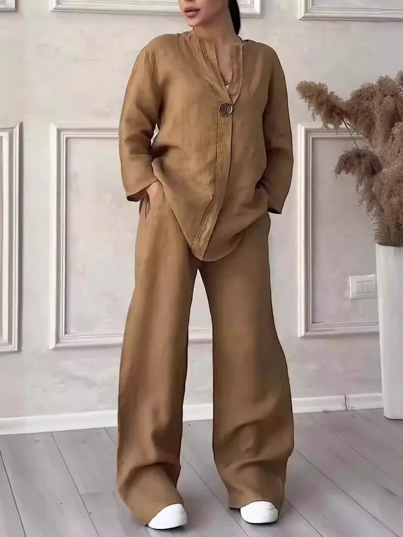 Cotton Linen Long Sleeve Button Loose Blouse Shirt & High Elastic Wide Leg Loose Pant