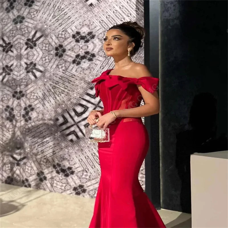 Single Sleeve with Bow Red Long Bodycon Dress