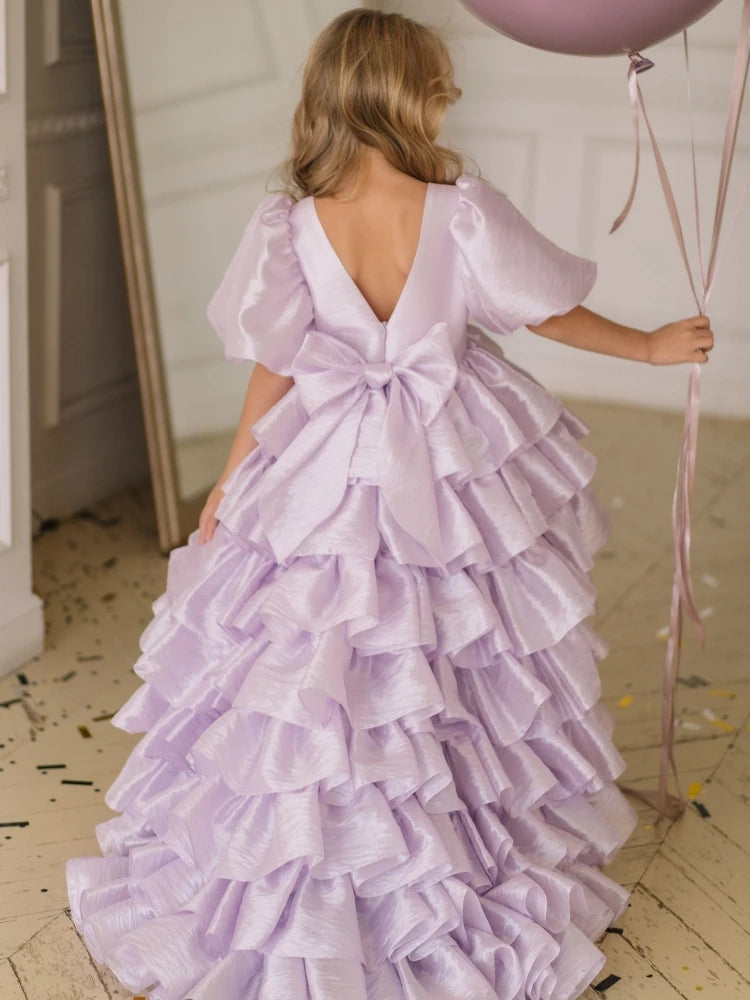 Flower Beige Tiered With Bow And Tailing Short Sleeve Dress