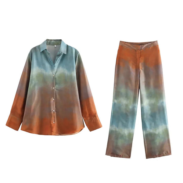Tie Dye Gradient Print Loose Shirts Top Wide Leg Pants