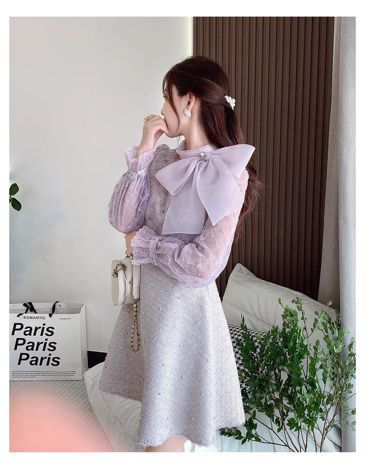 Elegant Bubble Long Sleeve Stand Collar Embroidery A-Line Dress