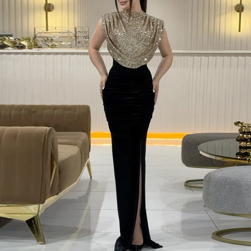 Sequins Stitching O Neck High Slit Long Dress