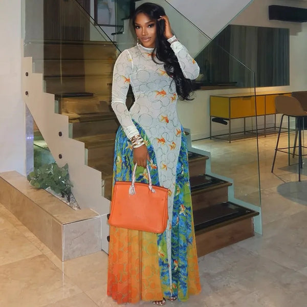 Patchwork A-Line Mesh O-Neck Long Sleeve Belted Waist Dress