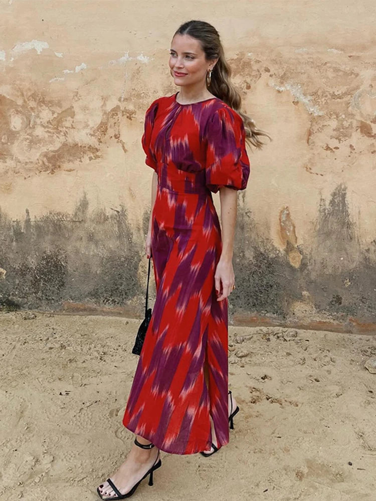 Summer Chic Print Short Puff Sleeves Split Long Dress