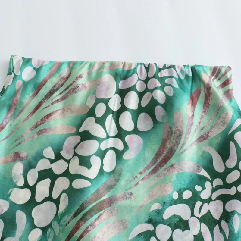 Print Satin Top and Skirt Zipper High Waist