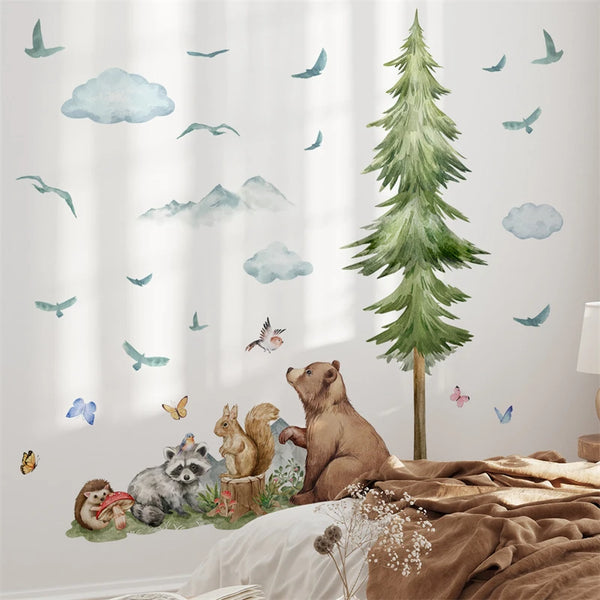 Cartoon Forest Animal Bear Pine Tree Wall Stickers for Kids Room