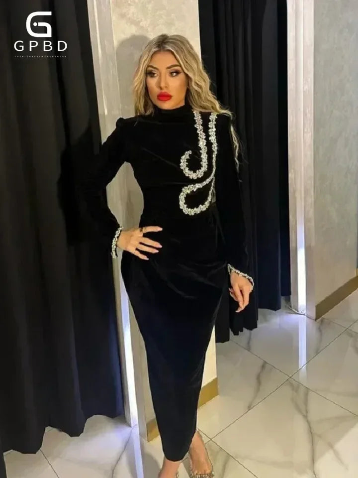 Black Slim Beaded Long Sleeve Bandage Dress