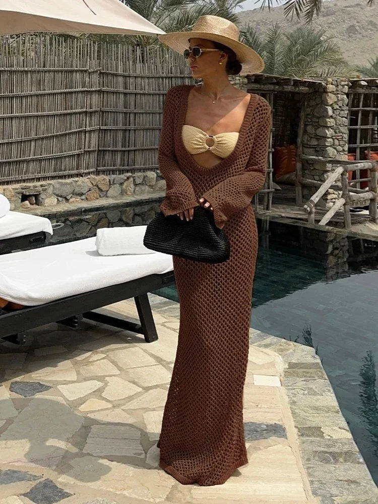 Sexy U-neck Bell Sleeve Knit Swimwear Bikinis Cover-ups