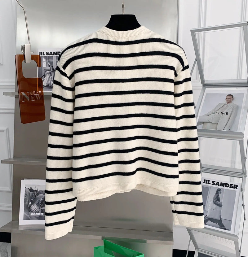Stripe Knitted Cardigans O-neck Single Breasted Long Sleeve Crop Top