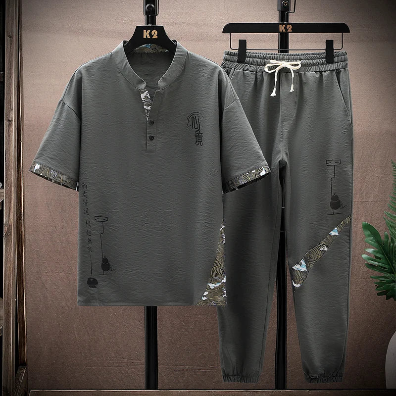 Cotton Linen Blend Short Sleeve V-neck T Shirts Pants