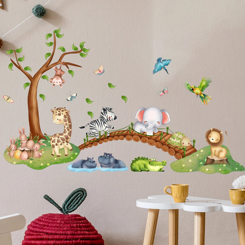 Cartoon Animal Elephant Zebra Giraffe Bridge Wall Sticker