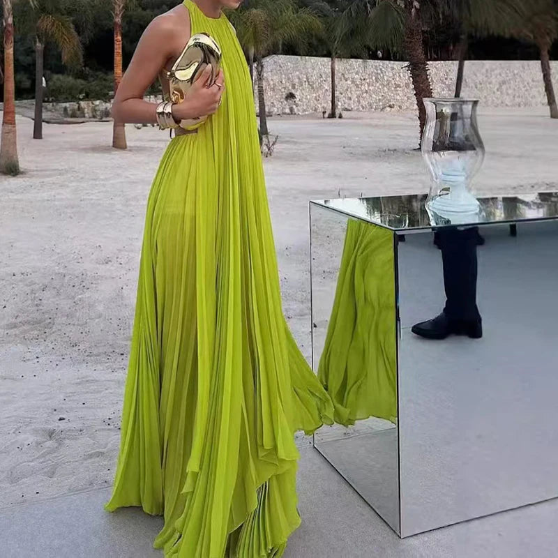 Elegant O-neck Sleeveless & Long Skirt Set Sexy Backless Hollow Out Solid Loose 2Pc