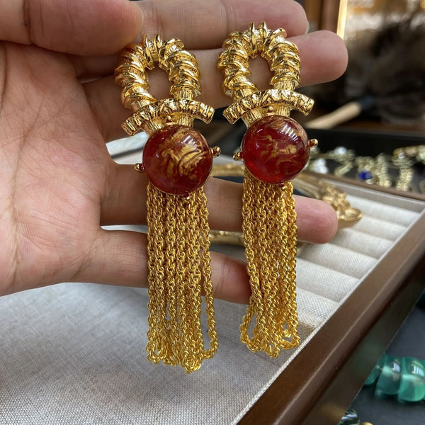 Vintage Red Tassel Drop Earrings
