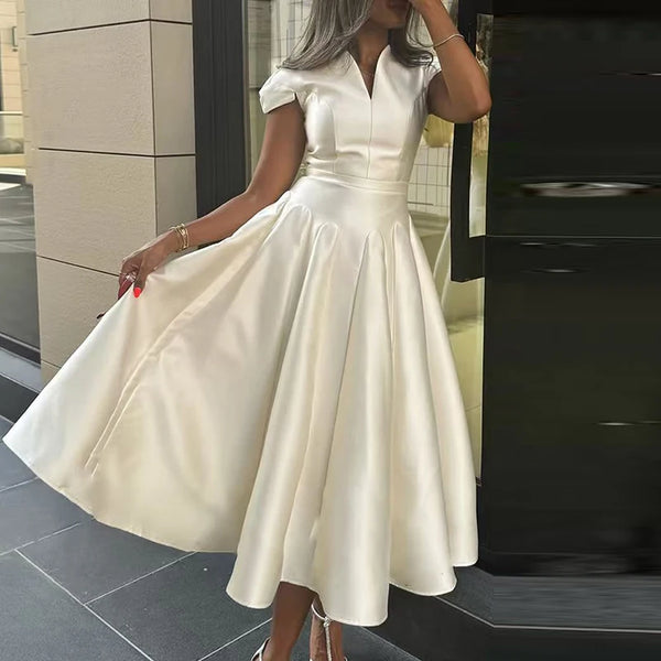 Elegant High Waist Short Sleeve Satin Long Dress