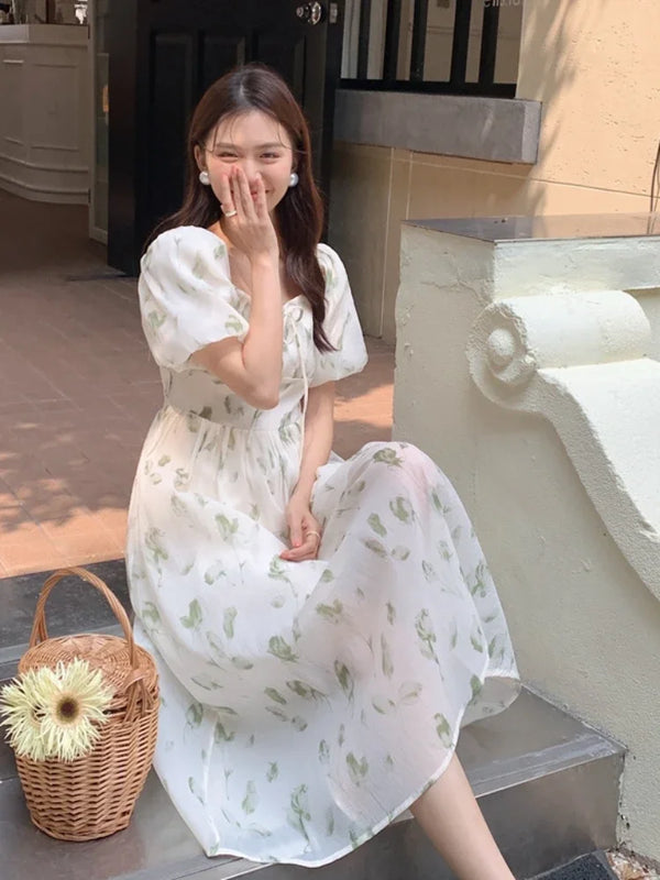 Floral Hot Baggy French Style Aesthetic Puff Sleeve Dress