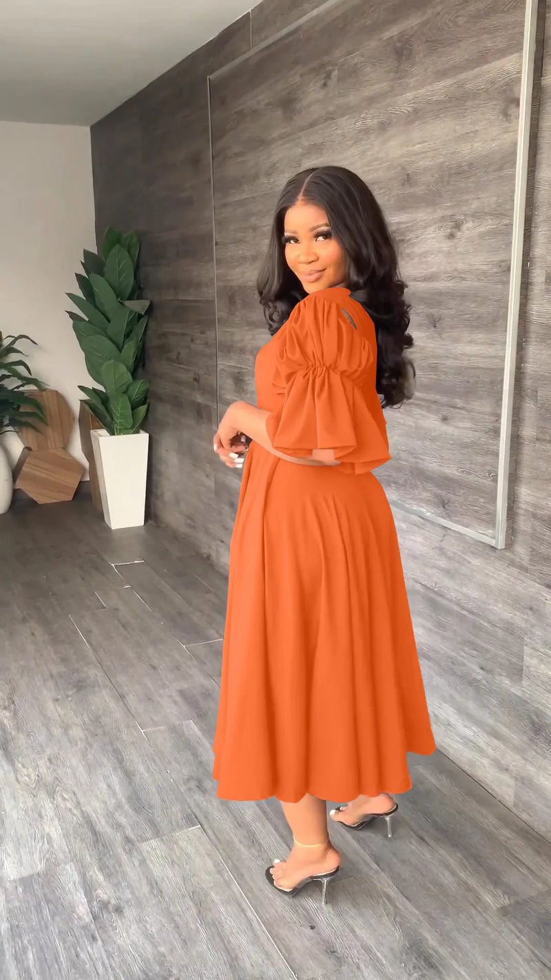 Vintage Criss Cross Open Back Lantern Half Sleeve V-neck Dress