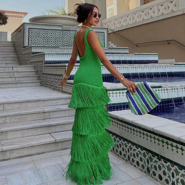 Knitted High Waisted Sleeveless Tassel  Elegant Dress