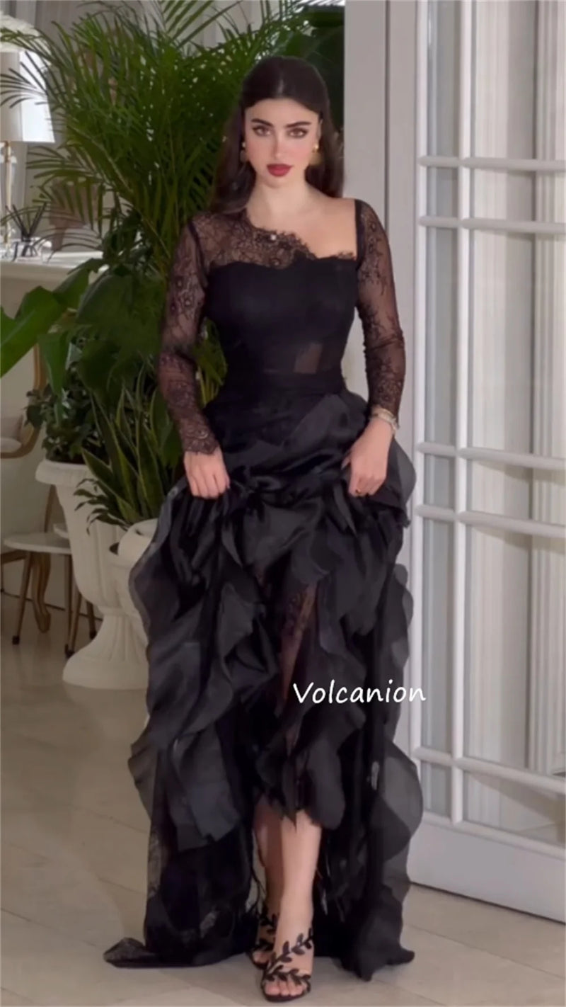 Elegant Organza Ruffle Lace Neck A-line Long Dress