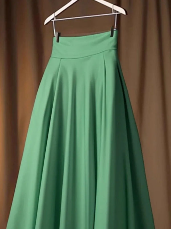 CAMINA Solid Green A-line Vintage Elegant Chic Long Skirt