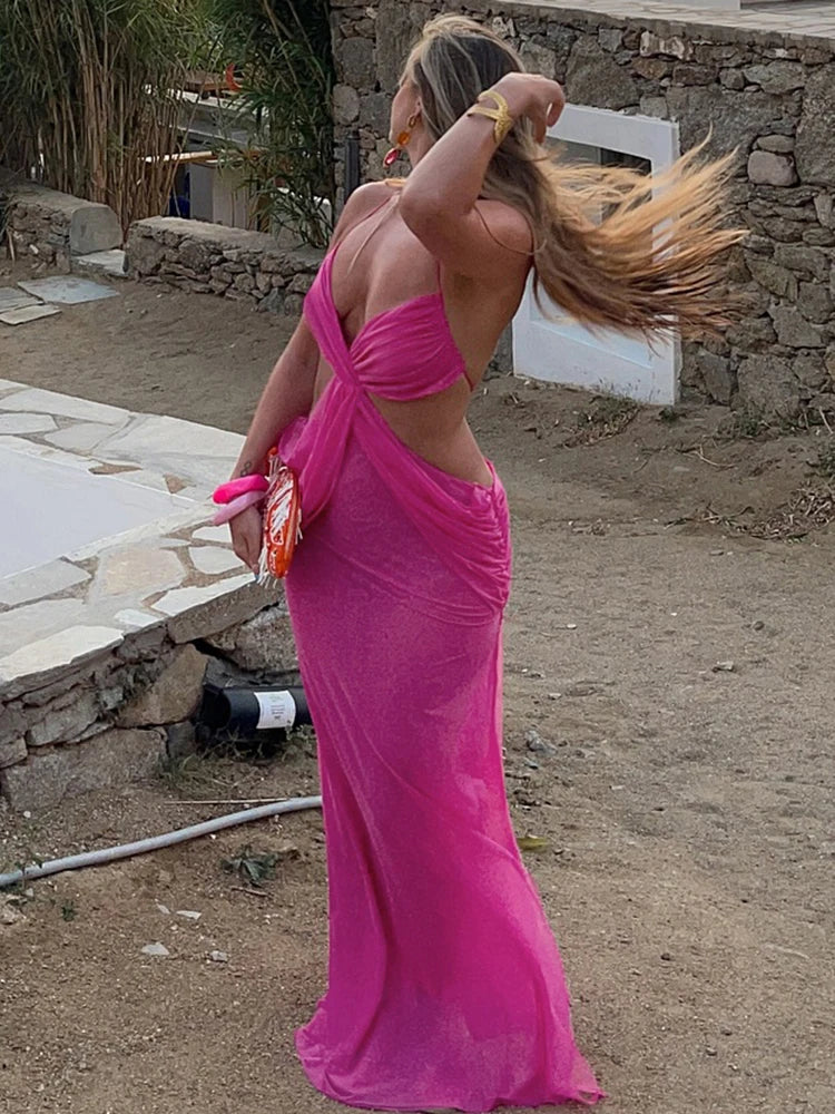 Ruched Coquette V Neck Cross Backless Sleeveless Ruffles Long Dress