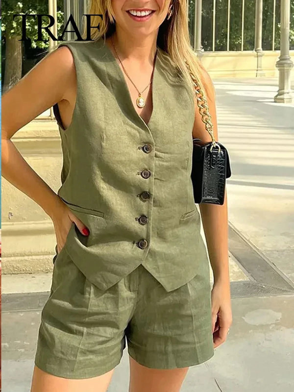 Sleeveless Vest Top+High Waist Slim Shorts 2 Pieces Set