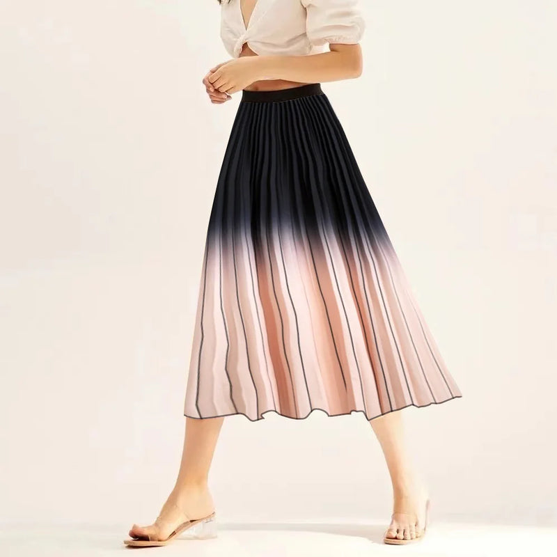 Printed elastic mid length A-line pressed pleated skirt