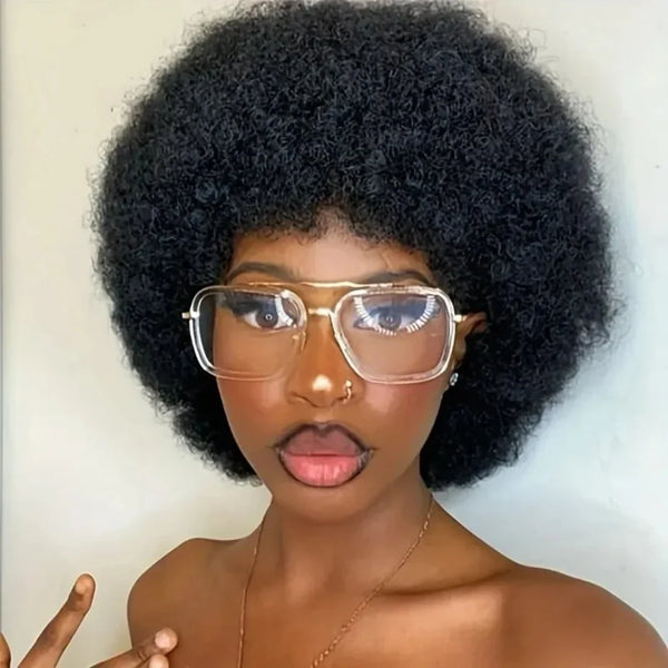 Pixie Short Afro Curly Bob 100% Human Hair Wigs With Bangs