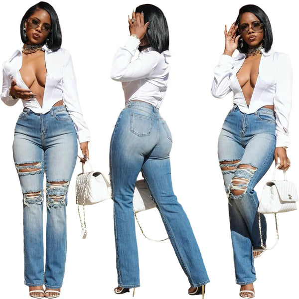 Straight High Strecth Streetwear Vintage Ripped Trousers