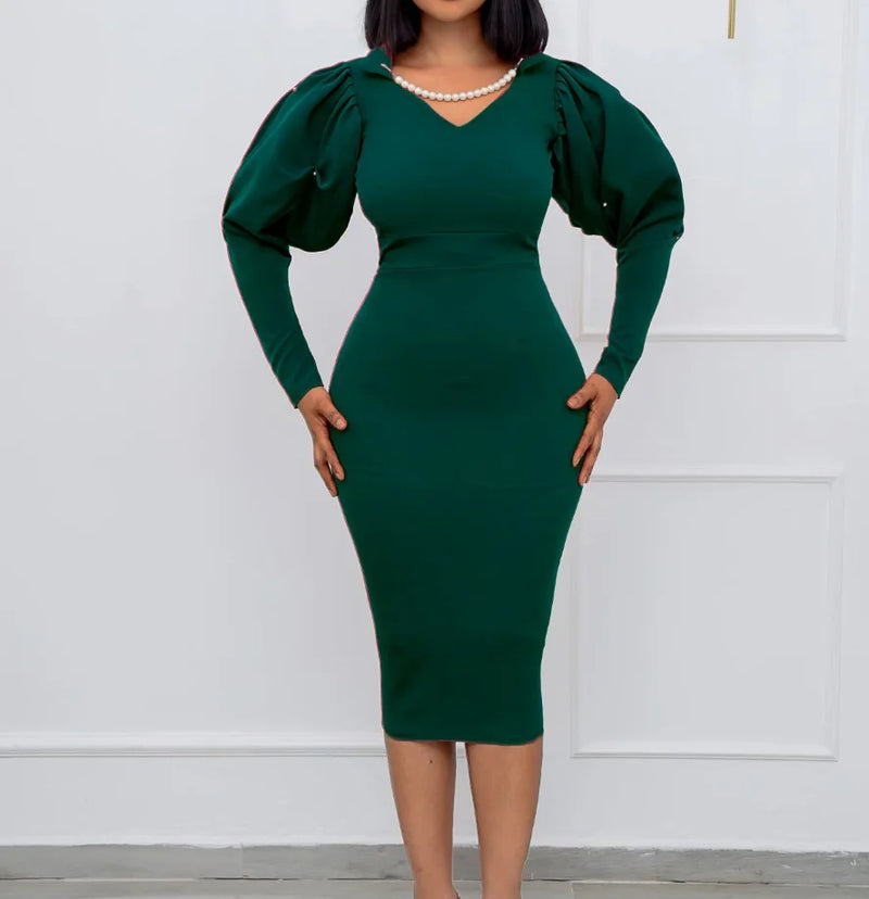 Spliced Long Sleeve Slim Fit Wrap Hip Split Elegant Dress