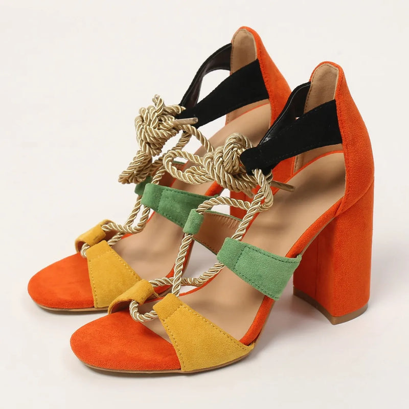 Ropes Cross Strap Peep Toe Lace-Up Sandals Chunky High Heels