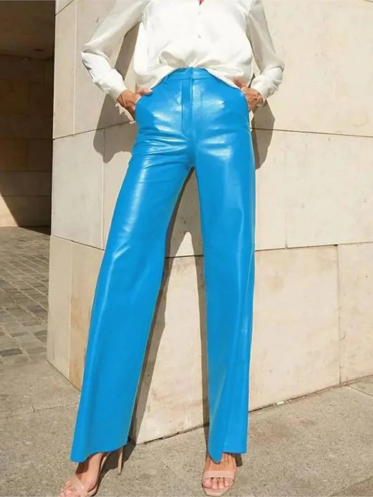 Solid Color PU Leather High Waist Straight Trousers