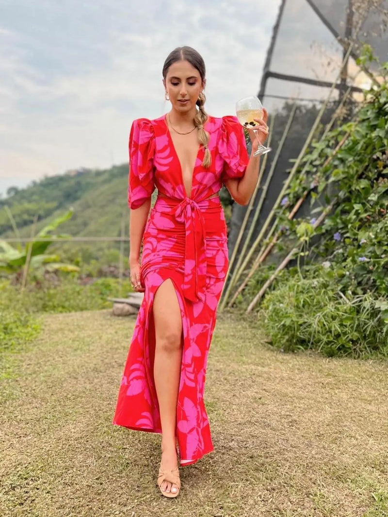 Elegant Print Cutout Short Puff Sleeve Long Dress