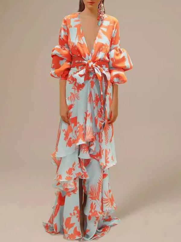Elegant Deep V-neck Lantern Sleeve Long Dress