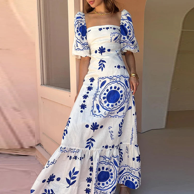 Summer Square Neck High Waist Long Dress