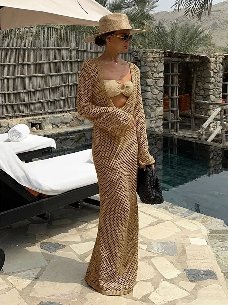 Sexy U-neck Bell Sleeve Knit Swimwear Bikinis Cover-ups