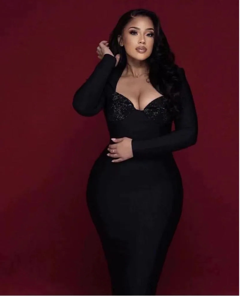 Long Sleeve Square Collar Rhinestones Bodycon Bandage Dress