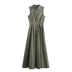 Sleeveless Pleated Slim Elegant Solid Half Zipper A-line Dress