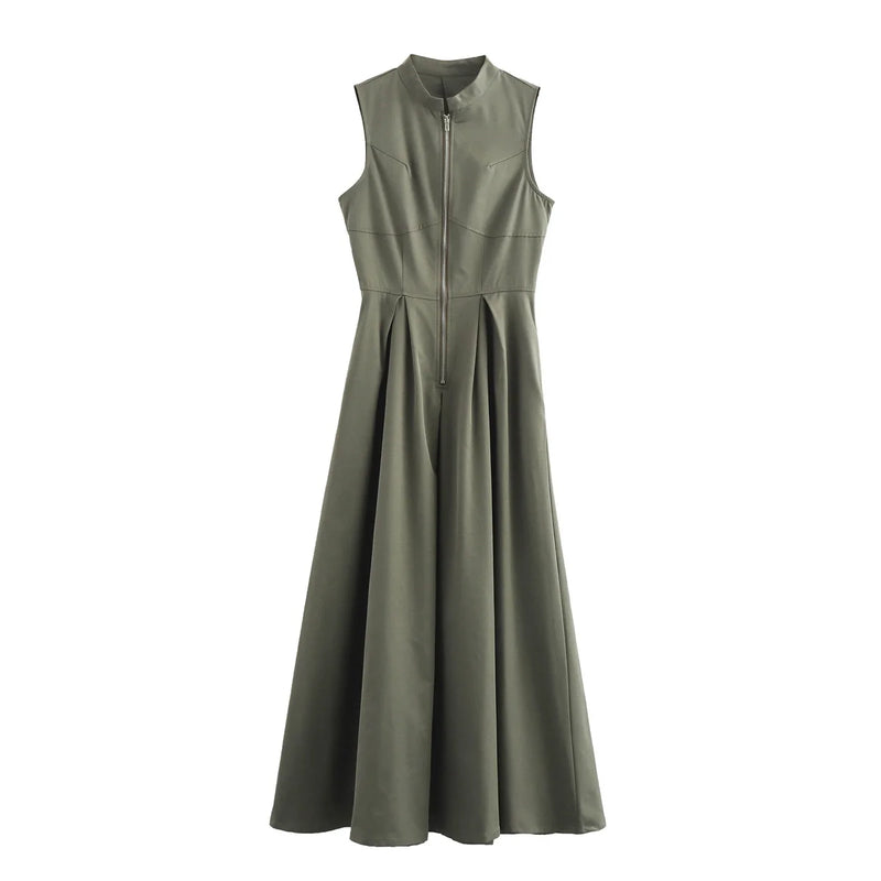 Sleeveless Pleated Slim Elegant Solid Half Zipper A-line Dress