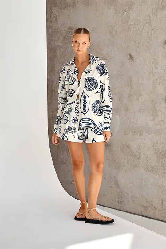 Summer Flip Collar Printed Single Breasted Shirt Shorts Two Piece