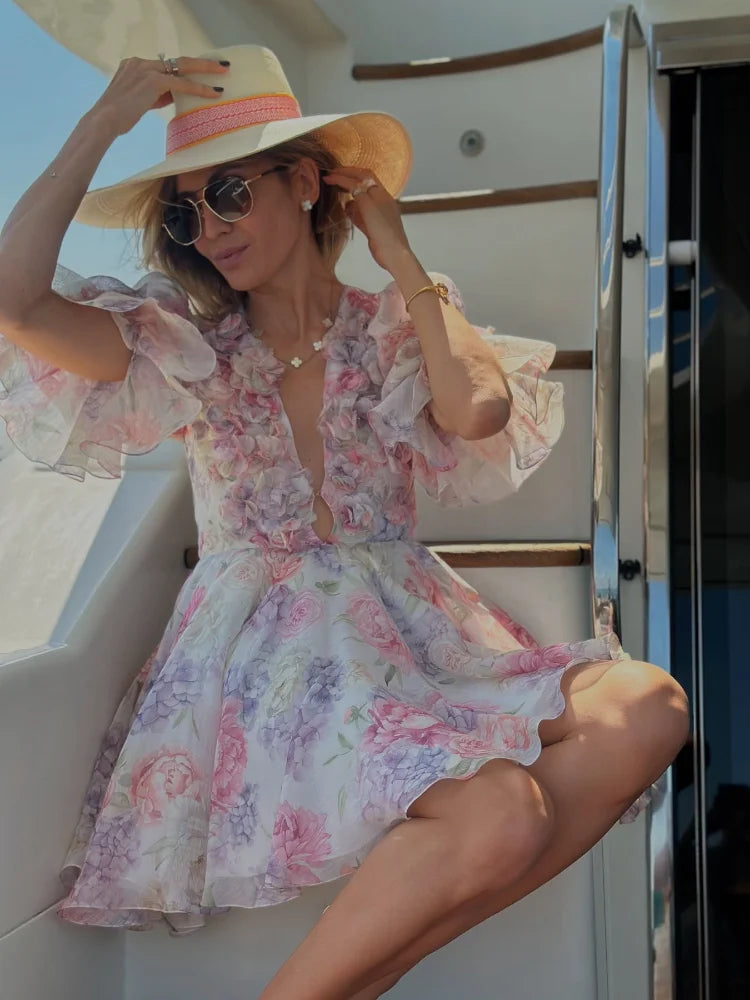 Elegant Flare Sleeve V Neck Pleated High Waist Dress