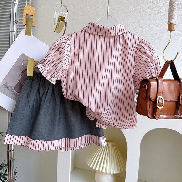 Pink Short Sleeved Tie Shirt+Pleated Skirt