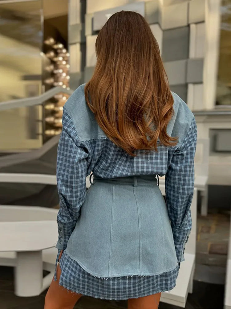 Blocked Shirt Waist Cinching Irregular Hem Short Skirt