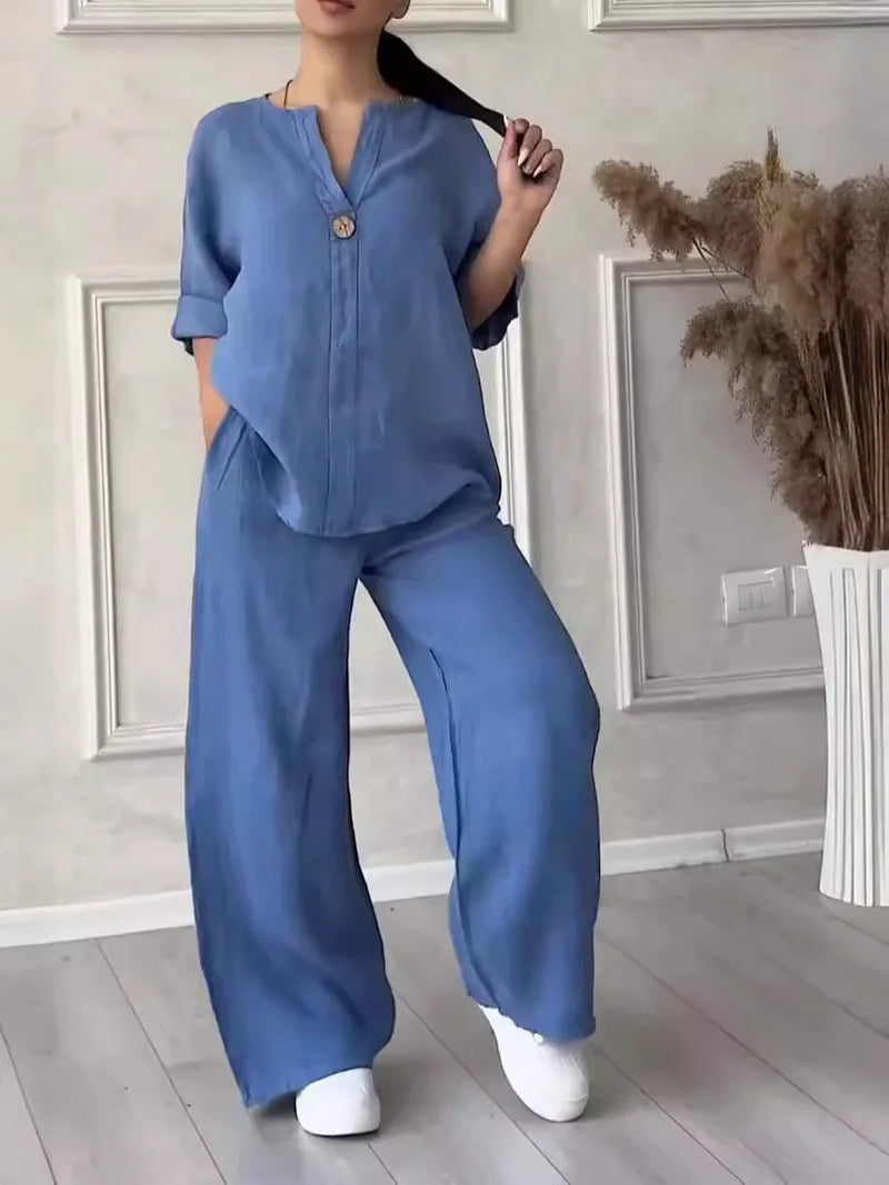 Cotton Linen Long Sleeve Button Loose Blouse Shirt & High Elastic Wide Leg Loose Pant