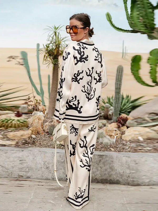Casual Lapel Long Sleeve Blouse Wide Leg Trousers