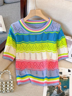 Rainbow Striped T-shirt Casual Crew Neck Short Sleeve