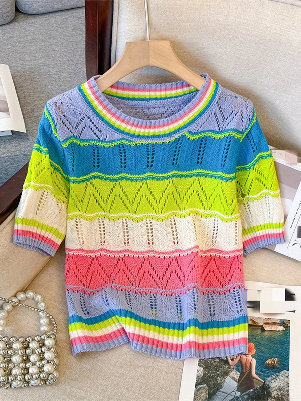 Rainbow Striped T-shirt Casual Crew Neck Short Sleeve
