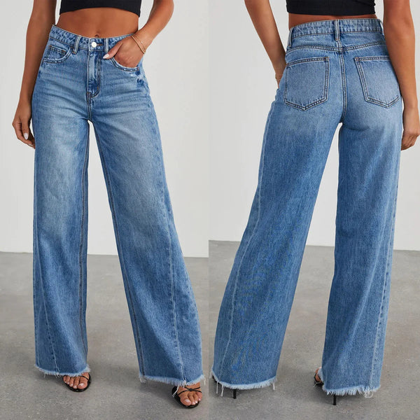 Straight Long Pant Blue High Waist Splice Pockets Denim Trousers