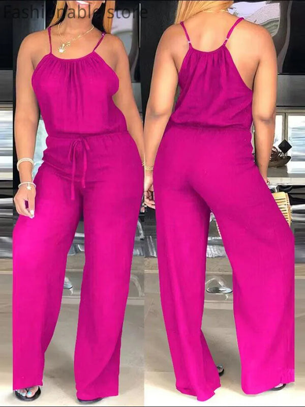 Women Casual Solid Spaghetti Strap Drawstring Jumpsuit