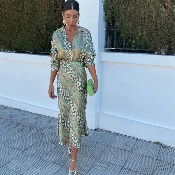 Print Satin Top and Skirt Zipper High Waist