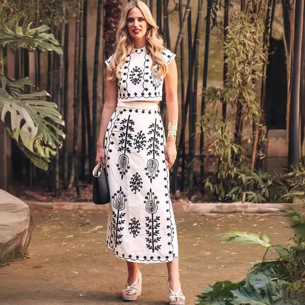 Boho Vintage Print Top Skirt Suit Embroidered Two Piece